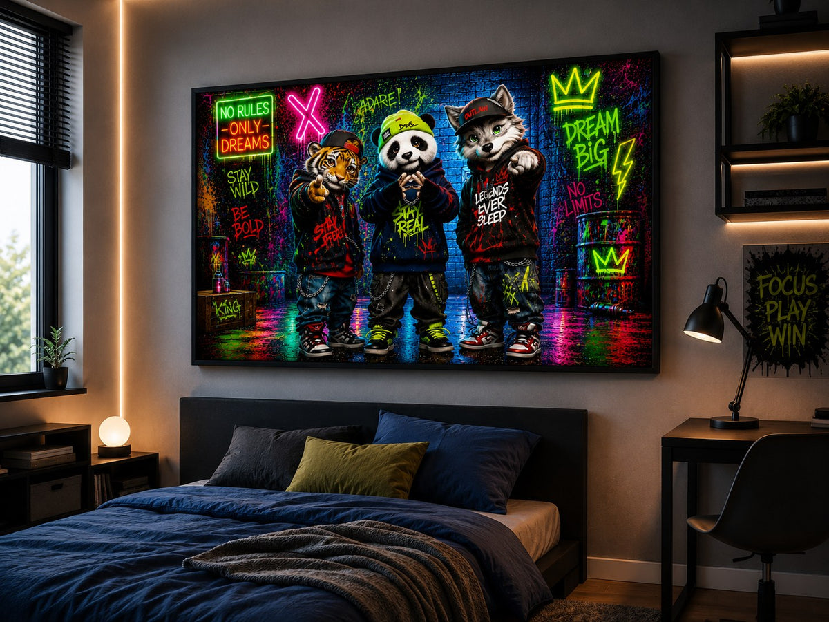 Dream Big Crew – Neon Streetwear Tiere – Leinwandbild im Raum