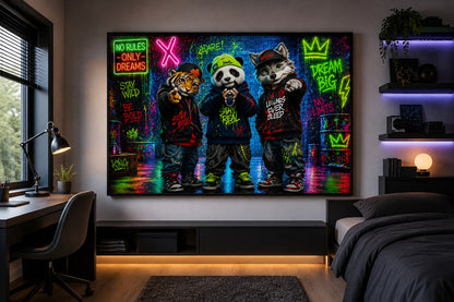 Dream Big Crew – Neon Streetwear Tiere – Leinwandbild im Raum
