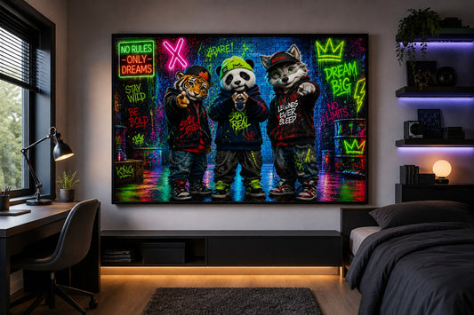 Dream Big Crew – Neon Streetwear Tiere – Leinwandbild im Raum