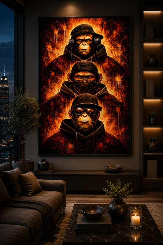 Drei Affen – Inferno Edition – Leinwandbild im Raum