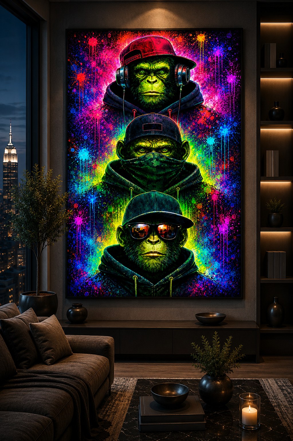 Drei Affen – Neon Edition – Leinwandbild im Raum