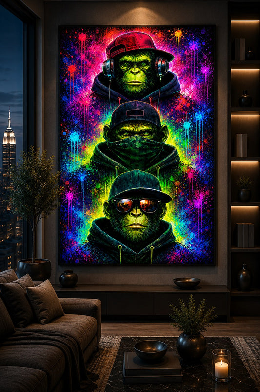 Drei Affen – Neon Edition – Leinwandbild im Raum