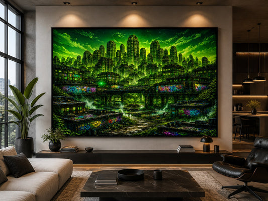 Toxic City – Grüne Skyline – Leinwandbild im Raum