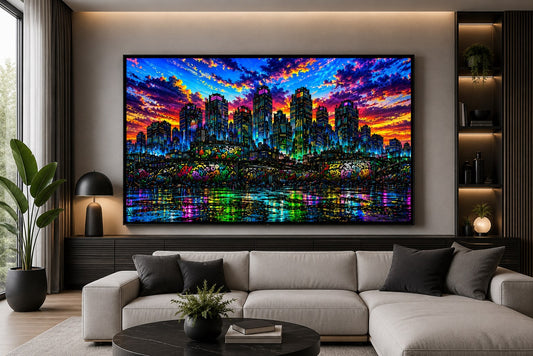 Neon Metropolis – Skyline bei Sonnenuntergang – Leinwandbild im Raum