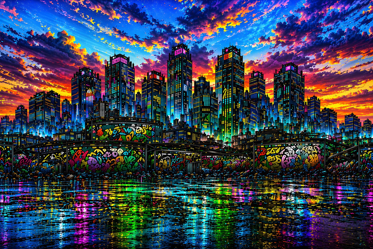 Neon Metropolis – Skyline bei Sonnenuntergang