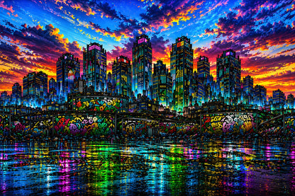 Neon Metropolis – Skyline bei Sonnenuntergang