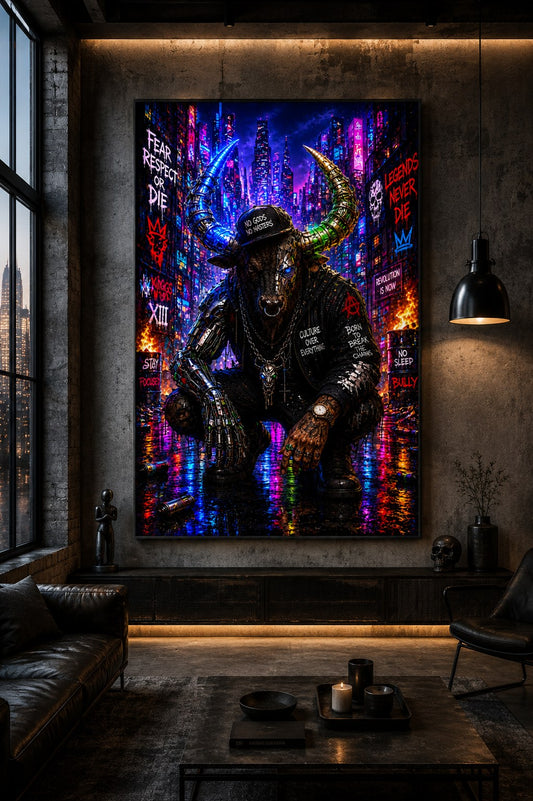 Raging Bull – Neon-Minotaurus – Leinwandbild im Raum