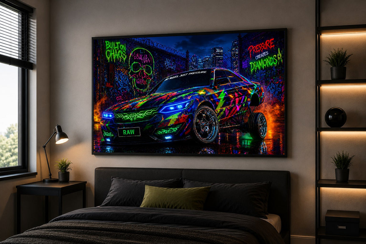 Built on Chaos – Neon Supercar – Leinwandbild im Raum
