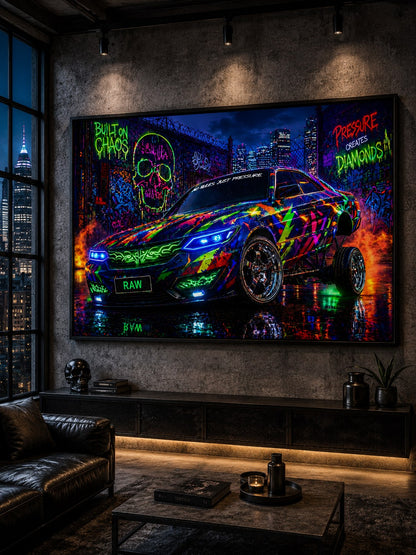 Built on Chaos – Neon Supercar – Leinwandbild im Raum