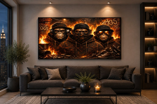 Drei Affen – Fire Edition – Leinwandbild im Raum