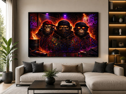 Drei Affen – Purple Edition – Leinwandbild im Raum