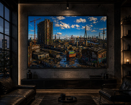 City in Progress – Skyline im Umbruch – Leinwandbild im Raum