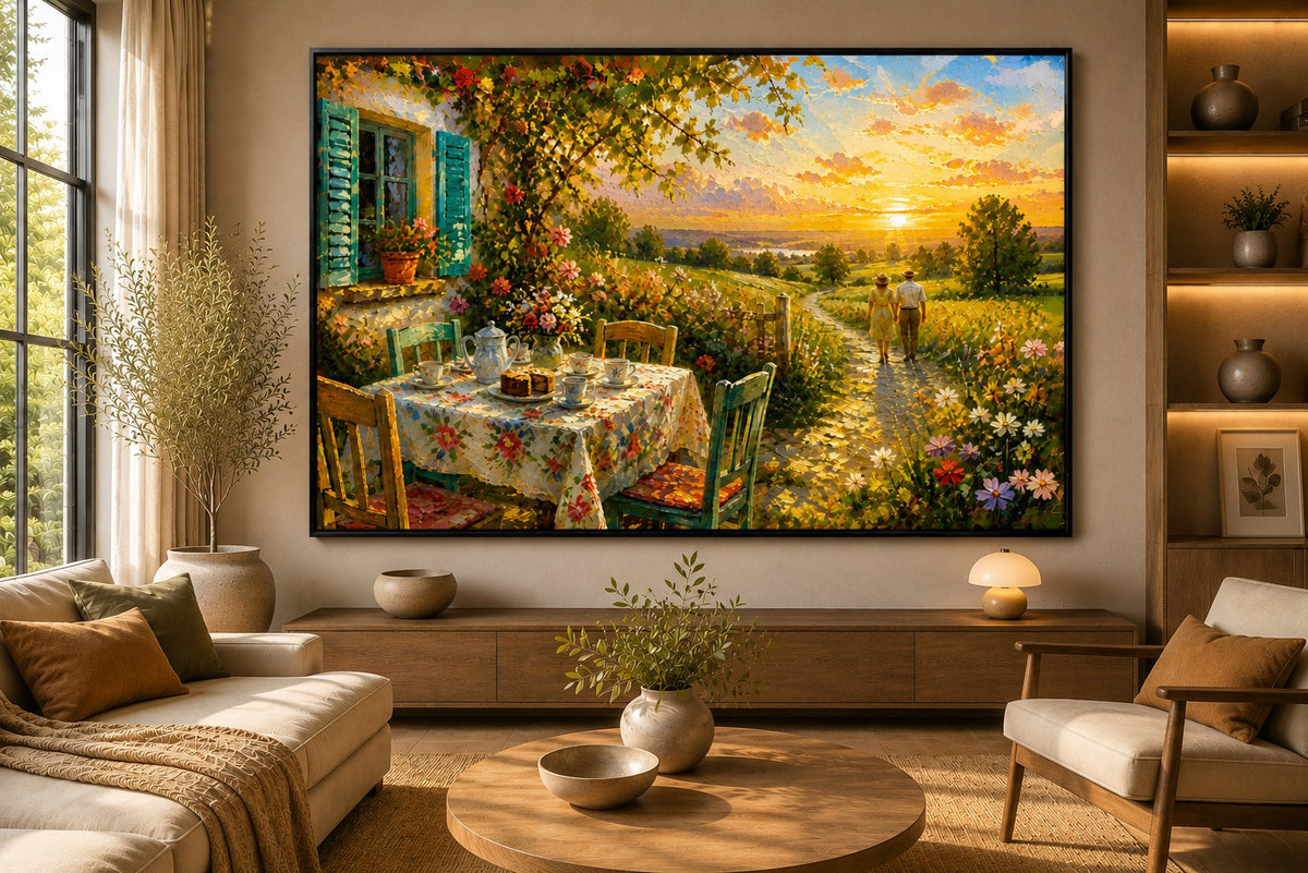 Sommergarten – Abendlicht – Leinwandbild im Raum