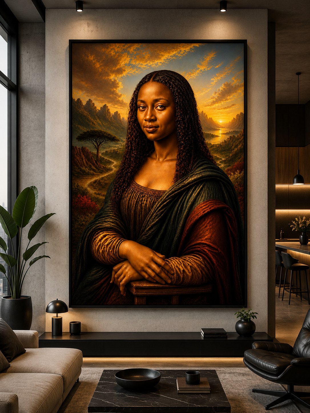 Renaissance-Ikone Reimagined – Golden Sunset – Leinwandbild im Raum