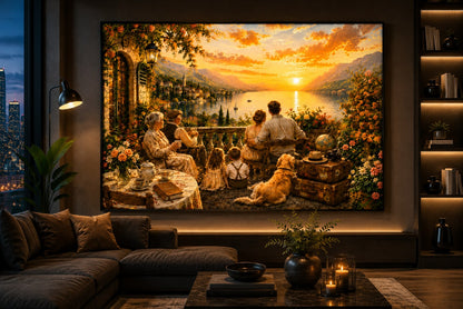 Familienzeit am See – Goldene Stunde – Leinwandbild im Raum