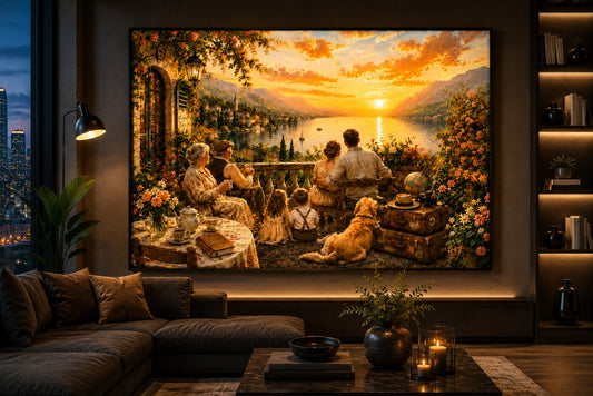 Familienzeit am See – Goldene Stunde – Leinwandbild im Raum
