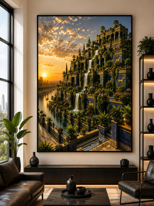 Hängende Gärten von Babylon – Sonnenaufgang – Leinwandbild im Raum