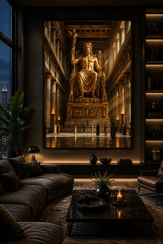 Zeusstatue von Olympia – Goldener Thron – Leinwandbild im Raum