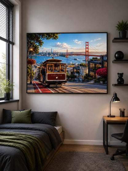 San Francisco – Cable Car & Golden Gate – Leinwandbild im Raum