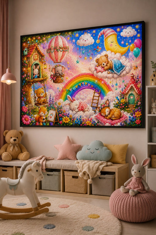 Regenbogen-Träume – Kuschelwelt – Leinwandbild im Raum